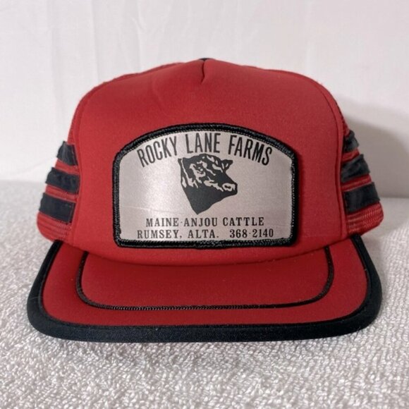Vintage Red Black Rocky Lane Farms Mesh Back Snap Back Trucker Hat - Picture 1 of 10